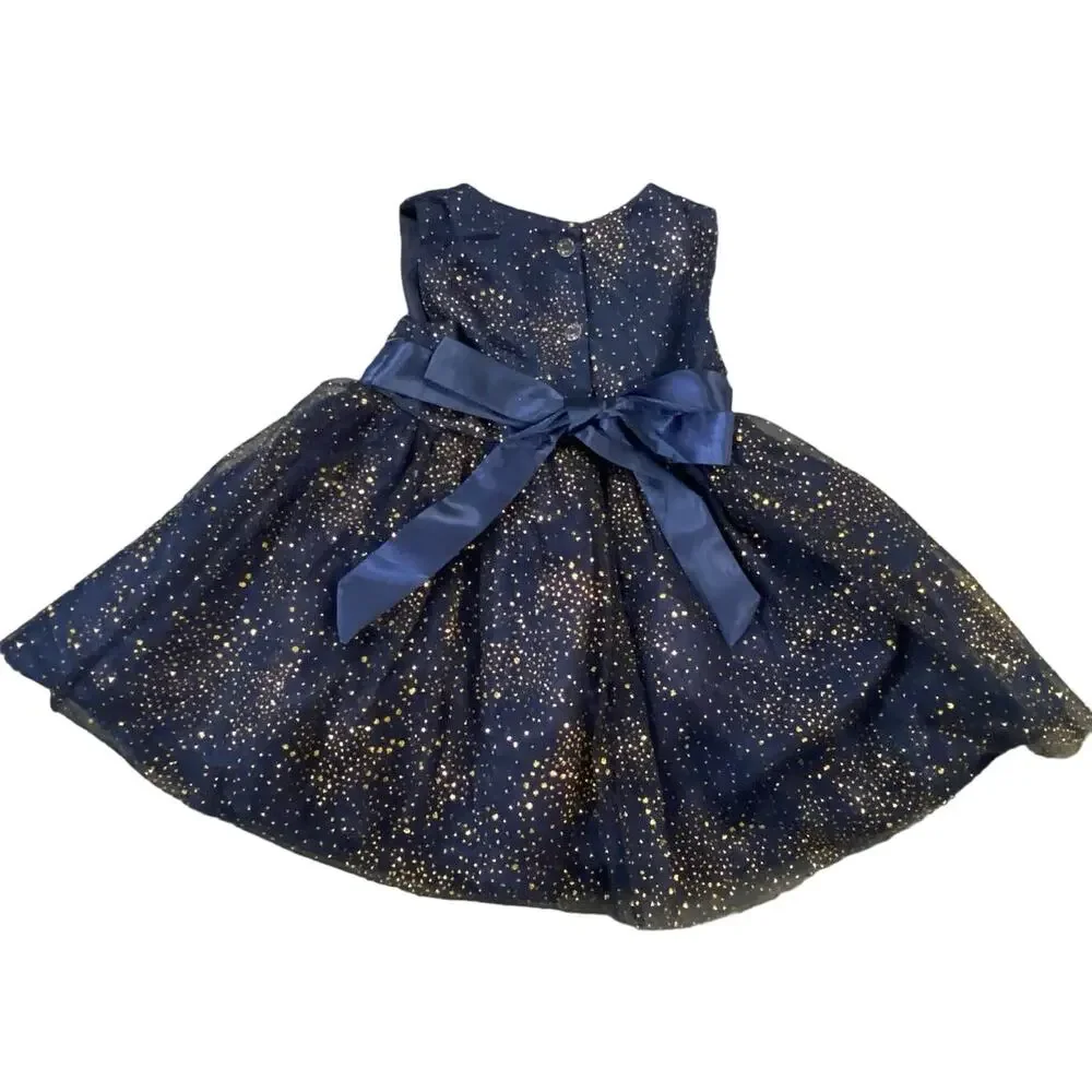 RARE EDITIONS Baby Girls Foil Mesh Dress with Satin Bow Navy 12 Months